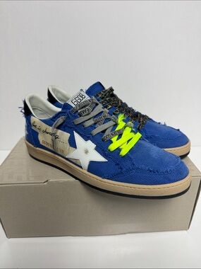 Golden Goose Blue Canvas Star Low-Top Sneakers with Neon Yellow Laces